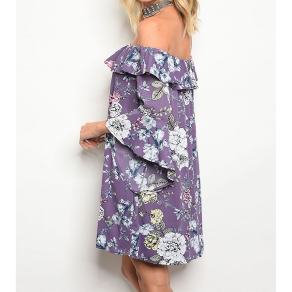 FINAL S Violet Purple Floral Off Shoulder Dress - Picture 2 of 5